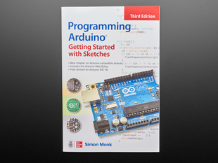 Front cover of "Programming Arduino" By Simon Monk - Third Edition.  Cover features a closeup of a rectangular ocean-blue rectangular microcontroller, the Arduino Uno.