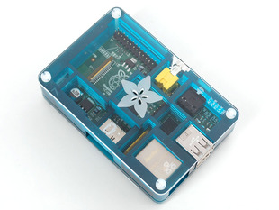 Top-down shot of assembled blue Adafruit Pibow enclosure for Raspberry Pi Model B. 