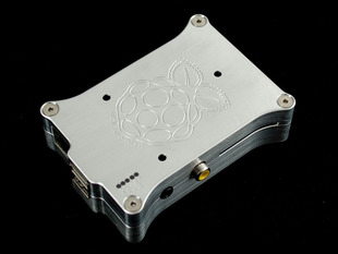 Angled shot of assembled milled aluminum case for Raspberry Pi model B with raspberry logo.