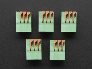 Top view of five Configurable Spring Terminal Blocks - 3 Pin 0.1"