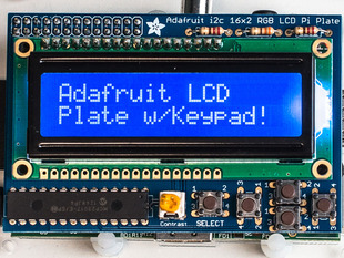 Top down view of a Adafruit Blue&White 16x2 LCD+Keypad Kit for Raspberry Pi. Display reads "Adafruit LCD Plate w/Keypad!"