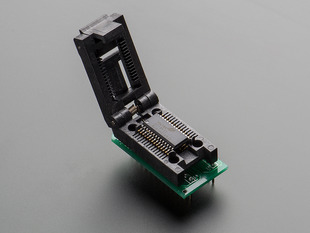 Angle shot of SMT Test Socket - SOIC-28 Wide Breakout with latch opened to reveal socket.