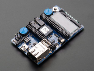 Angled shot of mbed accessory board with ethernet, usb, LCD, audio jacks and many connectors.