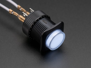 Angled shot of a white round 16mm illuminated pushbutton. 