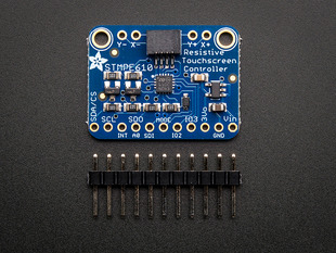 Top down view of a Resistive Touch Screen Controller above a 11-pin header. 