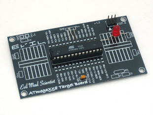 Angled photo of assembled ATmega-XX8 Target Board with ATmega328 installed.