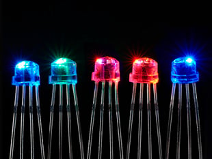 Five NeoPixel 5mm Through-Hole LEDs glowing rainbow