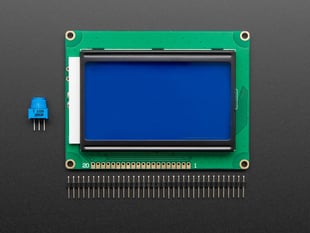 Front of large graphical LCD with loose header and potentiometer