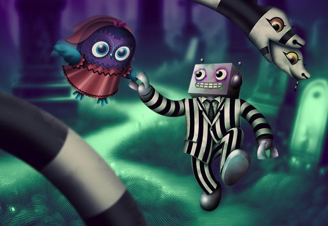 Minerva and Adabot, dressed like Lydia and Beetlejuice respectively, stroll hand-in-hand in a spooky green and purple graveyard.