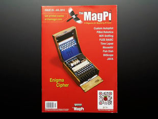 Front cover of magazine "The MagPi - Issue 25" featuring the enigma cipher.