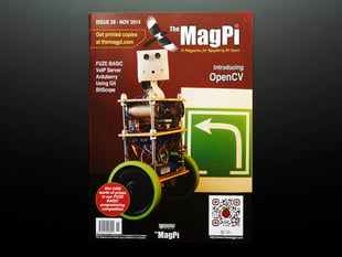 Front cover of The MagPi - Issue 28 Nov 2014, a magazine for Raspberry pi users. Introducing OpenCV. Get printed copies at themagpi.com. FUZE BASIC, VoIP server, Arduberry, Using Git, BitScope. Portrait of a two-wheeled robot buddy. 
