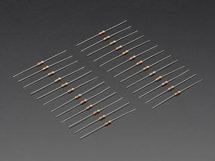 Angled shot of 25 Through-Hole Resistors - 220 ohm 5% 1/4W.