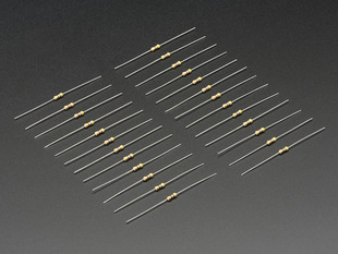 Angled shot of 25 Through-Hole Resistors - 470 ohm 5% 1/4W.