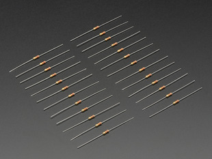 Angled shot of 25 Through-Hole Resistors - 42K ohm 5% 1/4W.