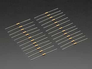 Angled shot of 25 Through-Hole Resistors - 47K ohm 5% 1/4W.