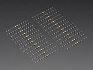 Angled shot of 25 Through-Hole Resistors - 100K ohm 5% 1/4W.