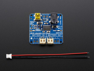 Top view of USB/DC Lithium Polymer battery charger above a 2-pin JST cable.