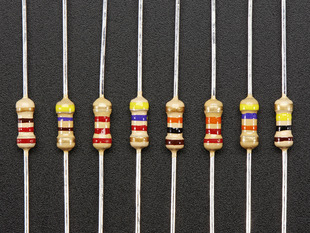 Close up of 8 Through-Hole Resistors - 100 ohm-100K ohm - 5% 1/4W. 