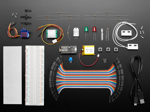 Top view of kit contents for Microsoft Azure IoT Starter Kit w/ Adafruit Feather HUZZAH