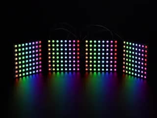 Various RGB and RGB NeoPixel 8x8 matrices animating colors