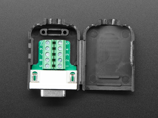 Top view of opened up DE-9 (DB-9) Female Socket Connector to Terminal Block Breakout.