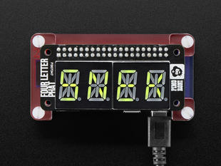 Top view of a Pimoroni Four Letter pHAT for Raspberry Pi Zero stacked on a Pi Zero. Display read "SNEK".