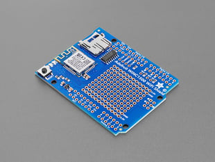 Angled shot of blue, rectangular WiFi PCB shield.