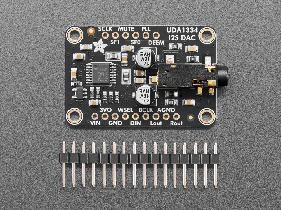 Top Down Front Shot of the Adafruit I2S Stereo Decoder - UDA1334A Breakout with x1 16pin Header.