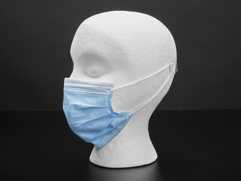 Blue disposable surgical style mask shown on a mannequin head