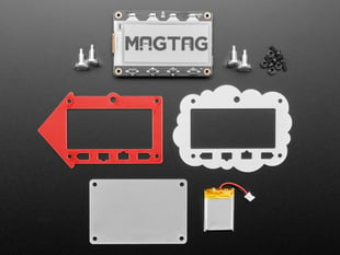 MagTag dev board with enclosure pieces, four magnet feet, and lipoly battery