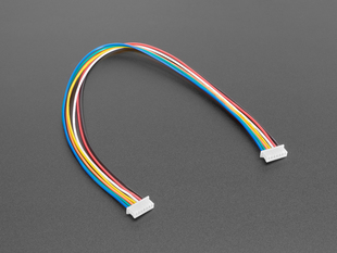 Angled shot of 20cm long 1.25mm pitch 7-pin color-coded cable.