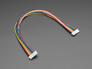 Angled shot of 20cm long 1.25mm pitch 10-pin color-coded cable.