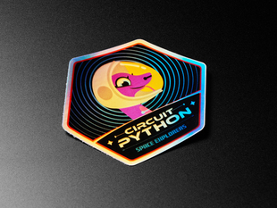 Holographic sticker with friendly snake wearing a space-helmet. Text says "Circuit Python Space Explorers"