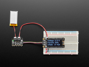 Top view of LiPoly / LiIon Fuel Gauge and Battery Monitor powered by a Lipoly battery and an OLED display.