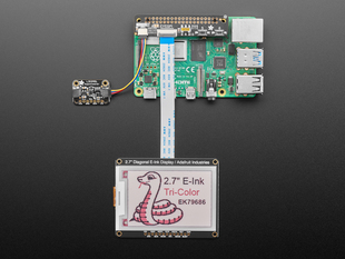 Overhead shot of long, black, slim add-on board installed on a Raspberry Pi computer and cabled to a sensor board and an electronic ink display.