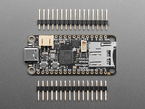 Overhead shot of black, rectangular datalogging board sandwiched between two pieces of 16-pin header.