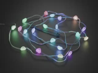 Video of LED strand with 20 heart-shaped LEDs glowing rainbow colors.