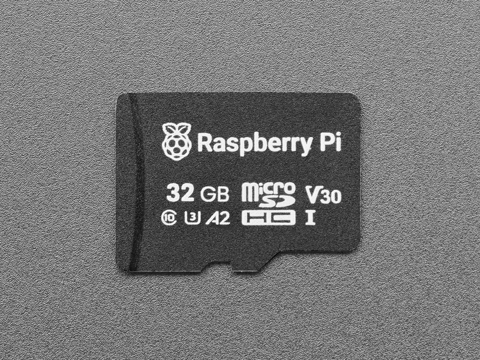 Top Down Front Shot of the Raspberry Pi-branded A2-Class (32GB) SD Card.