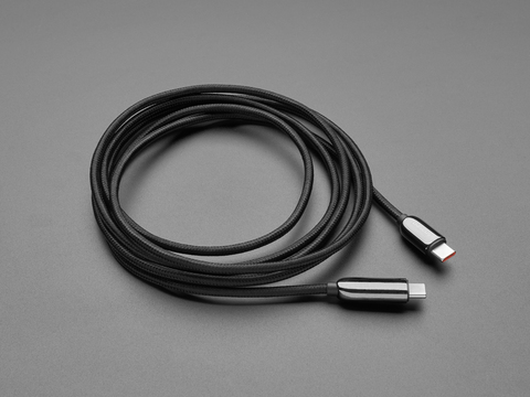 Angled shot of 2 meter long black woven USB-C cable.