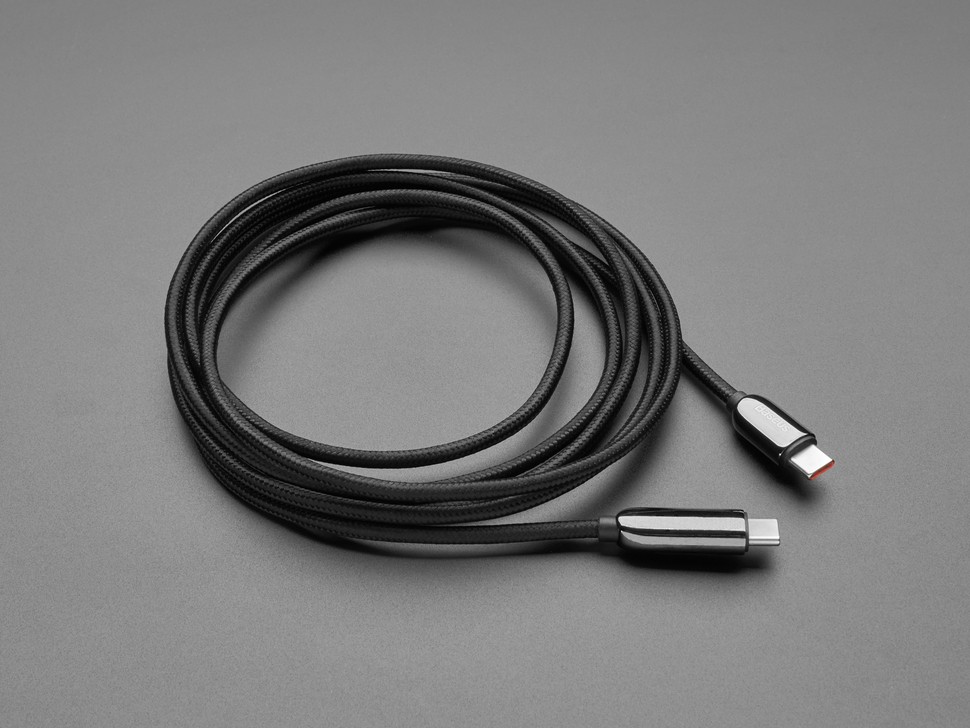 Angled shot of 2 meter long black woven USB-C cable.