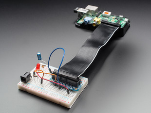 Angled shot of assembled Adafruit Assembled Pi Cobbler Breakout on a populated breadboard connected to a Raspberry Pi A via a GPIO ribbon cable.