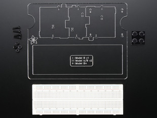 Kit contents for Adafruit Pi Dish including acrylic cutouts, full-size breadboard, mounting hardware, and rubber feet.