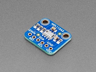 Angled shot of blue, square-shaped pressure-temperature sensor breakout.